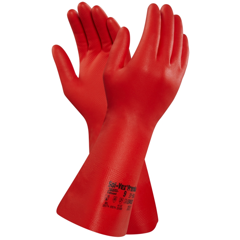 Chemikalienschutzhandschuhe aus Nitril "Ansell Edmont Sol-Vex", rot Größe 10 | Premiumnitrilkomposition, einzeln geprüft, EN 388 und EN 374 - Kategorie 3