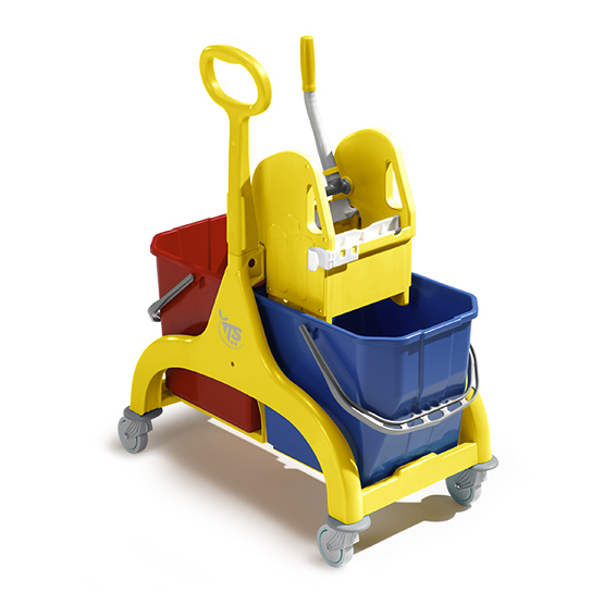 TTS® Doppel-Fahrwagen Nick gelb | 2 x 25 Liter  | Reinigungswagen mit Presse und seitlichem Handgriff/Schiebegriff