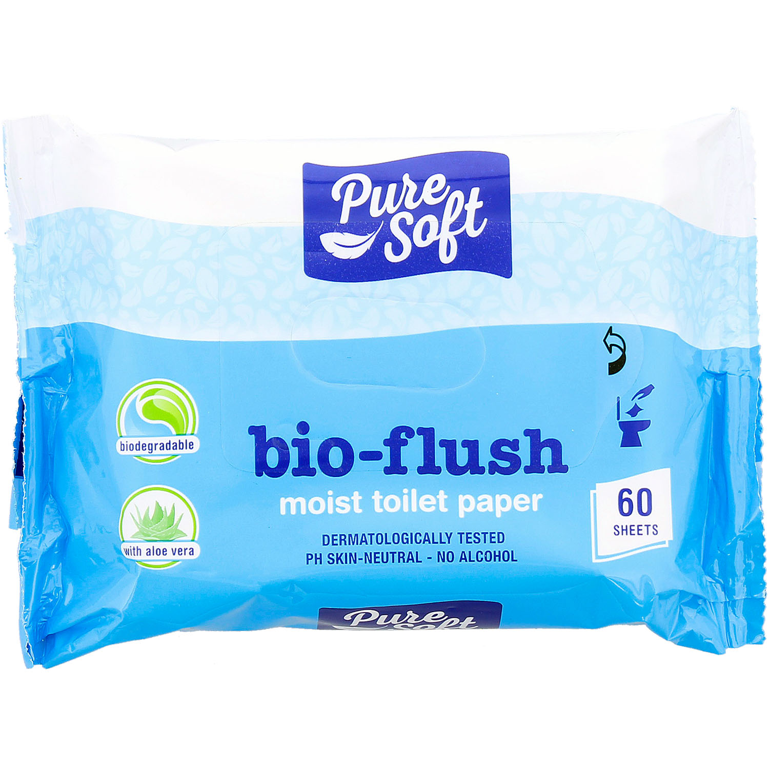 Pure Soft bio-flush feuchtes Toilettenpapier, ohne Alkohol, 60 Blatt/Packung